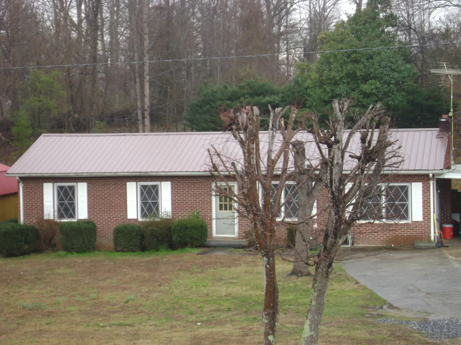 Mauve metal roof on a brick ranch home behind bare trees in Sperryville
